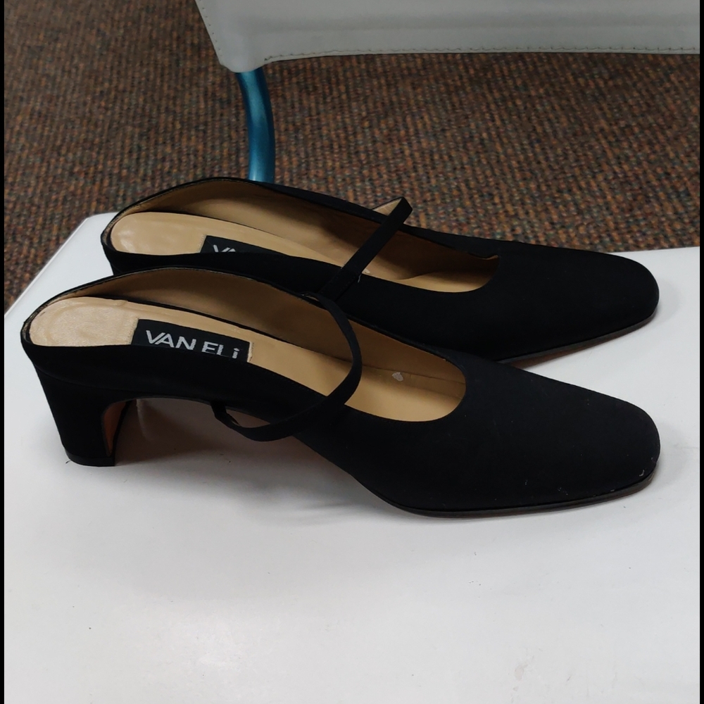 Van Eli black cloth heeled mules